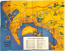 1960s SAN DIEGO TRANSIT SYSTEM cartoon poster map bus route brochure CALIFORNIA picture