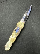 Rare Suchat Custom Knives Blue Damascus & Black Lip Pearl Jeweled Folding Knife picture