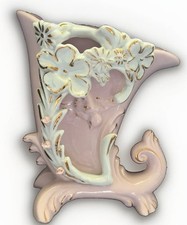 Pink Ceramic Cornucopia Vase HP White Flowers 24KT Gold Trim 7