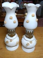 Set of 2-Vintage Milk Glass Oil Lamp w/ pink rose detail 8 Inches Tall. picture