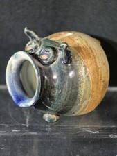 Vintage 1993 Handmade Stoneware Piggy Bank Blue Green Glaze Folk Art Pottery picture
