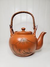 Red Terracotta Japanese Teapot Etched Design w Bamboo Handle & Lid Kitchen Decor picture