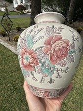 Vintage Macau Floral Porcelain Vase Pink Chinese Flower Vase Or Pot Marked 35 9” picture