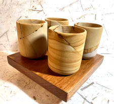 Vintage Japanese Nerikomi clay sake cups, Set/4, handmade Cherry wood stand, Exc picture
