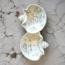 Vtg Ardalt Italy MCM Double Bowl Hand Painted Pottery Whimsy Green Gold Signed picture