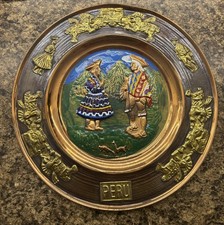 Vintage PERU Brass & Copper Wall Plate Souvenir Handmade & Painted 11.25” picture