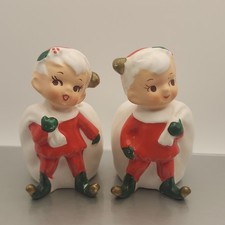 Vtg 1950s Napco Christmas Elf Pixie X-6969 Candle Holders -2 Ceramic Foil Label picture