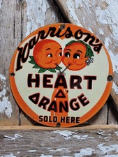 VINTAGE HARRISON PORCELAIN SIGN OLD HEART ORANGE SODA POP BEVERAGE JUICE DRINK  picture