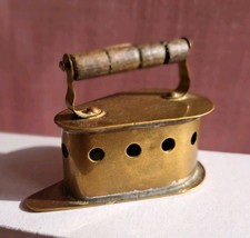 Vintage Miniature Brass Sad Iron Wooden Handle Salesman Sample Antique Clothes  picture