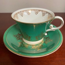 Vtg AYNSLEY Green and Gold Tea Cup and Saucer Set Bone China England RARE picture