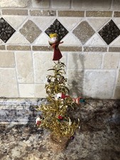Vintage MCM gold tinsel Fairyland Christmas Tree Cotton-Spun Head Figurines•Box picture