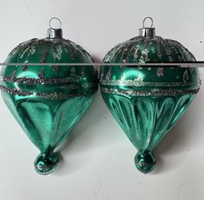 West Germany Green Silver Teardrop Finial Christmas Ornaments Mica Lot (2) picture