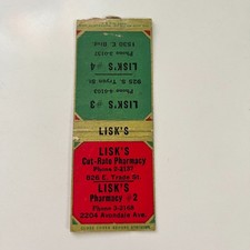 Lisk's Cut-Rate Pharmacy 1945 E Trade St Vintage Matchbook Cover TMB84-6 picture