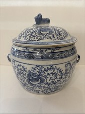 Chinese Blue and White Porcelain Jar w/ Lid, Foo dog Chinoiserie Rice Ginger Jar picture