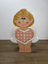 Vintage Hand Painted Wooden Cherub Angel Shelf Sitter Valentine Decor 8” Tall picture