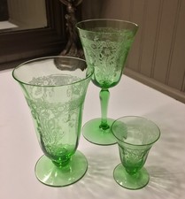 Rare Uranium LOT of (3) Three Fostoria VESPER tumblers Etched Elegant Glass vntg picture