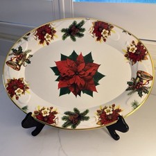 Vintage Far East Brokers 19x15” oval Christmas platter poinsettia & bell design. picture