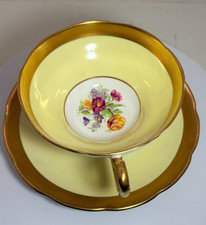 Vintage Taylor & Kent England Bone China Teacup Saucer Yellow Floral Gold Gilt picture