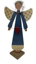 Vintage Handcrafted Primitive Country Wooden Angel Folk Art Red Heart Rustic 12” picture