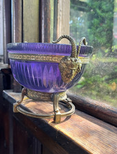 Antique Amethyst cut glass bowl with gilt bronze mounts and ram's Handles picture