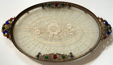 BEAUTIFUL Antique JEWELED & EMBROIDERED LACE INLAY Vanity TRAY  *EXCELLENT* picture