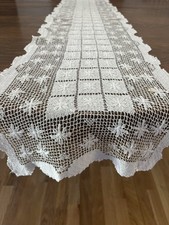 Vintage Filet Crochet Lace Long Table Runner 13x64” Ecru Cotton Cottagecore picture