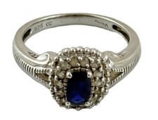 Sterling Silver Blue Stone Halo Ring Size 8 925 CC Milgrain Cocktail Band Women picture