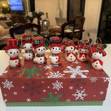 Vintage Set Of 7 Yuletide Enterprises Japan Flocked Styrofoam Snowmen Ornaments picture