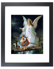 Guardian Angel Watching Children on Bridge Matted & Framed Picture Art Print picture