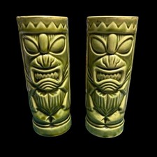 Vintage Orchids Of Hawaii R5 Green Ceramic Tiki Mugs Set Of 2 Japan picture