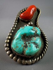 HUGE Vintage OLD PAWN Navajo Sterling Silver Turquoise & Coral Ring OVER 2” picture