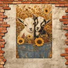 Two Adorable Goats Portrait Autumn Flowers Country Tin Plaque picture