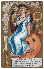 1910 Atq Halloween Postcard Lovers Couple Rings Jack o Lantern JOL Posted picture
