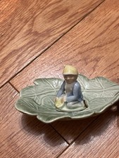 Vintage Shamrock Pottery Ireland Figurine Elf On Green Leaf 4” Trinket Dish picture
