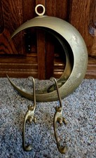 VTG Antique Brass Crescent Moon Candle/Small Plant Holder Hanging Monkeys 🐒 picture