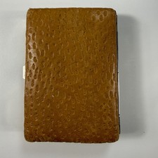 Vintage Brown Textured Leather Cigarette Case Push Button Metal Frame picture