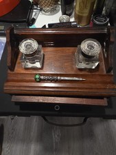 Antique Oak Double Inkwell Desk Standish Carved Drawer & Bottles C.1900 W/ Pen picture