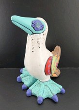 Handmade Raku Folk Art Galapagos Blue Footed Booby Sculpture Artisan Signed picture