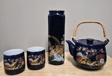 VTG Japanese Cobalt Blue Tea Pot Set W/ 2 Cups Large Cup, Gold Design picture