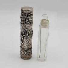 Antique Victorian Silver Scent Vesta Glass Bottle Cupid Flowers Repoussé picture