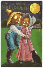1909 Halloween Postcard Farmer JOLs Jack-o-Lantern Pumpkin People Blk Cat Posted picture