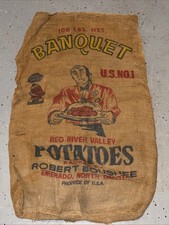 VTG Banquet North Dakota Potatoes Burlap Bag 100 lbs Gunny Sack Rare Antique htf picture