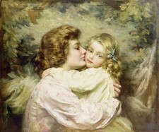 Art oil painting nice young mother with her child little girl - lovely daughter picture