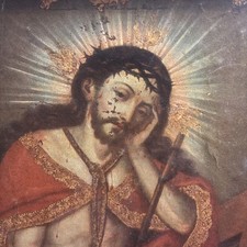 Vintage Print Painted Jesus Christ Rare Image Under Glass & Wood Frame Freeship picture
