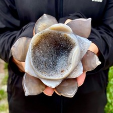300G Natural Agate Geode Carved Lotus Flower, Hand Carved Healing Crystal Home D picture