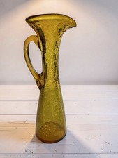 Vintage Mid Century Amber Honey Yellow Crackle Glass Hand Blown Pitcher Vase picture