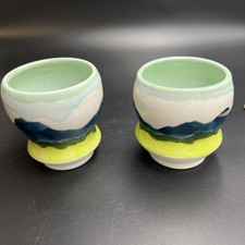 Signed AS Studio Pottery Cups Yunomi Style Hand Thrown Glazed Ceramic Tea Pair picture