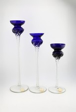 Vintage Handcrafted Romanian Cobalt Blue Crystal Candlestick Holders Set of 3 picture