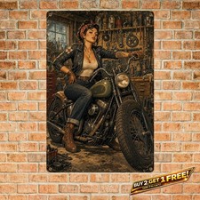 Classic Cycle Pinup Girl Tin Sign Retro Motorcycle Wall Plaque 8x12 picture
