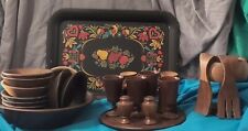 Vintage Black Ornate Metal Tray And Walnut Dish Set  picture